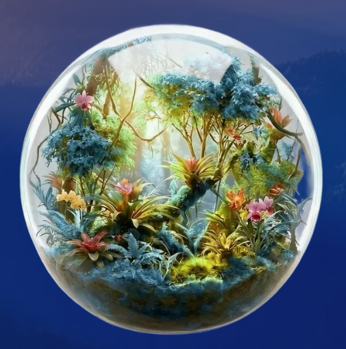 Illustrative miniature forest inside a glass globe